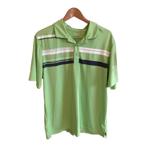 Izod Polo Shirt L Green Striped Performance Golf Short Sleeve Activewear - Picture 2 of 6